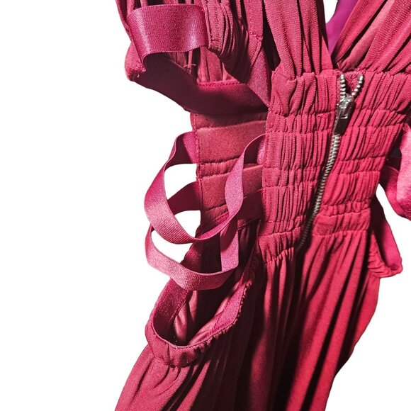 Sleeveless Red Burgundy V-Neck Dress With Shirred Waist & Side Ties By Express S - Picture 3 of 5